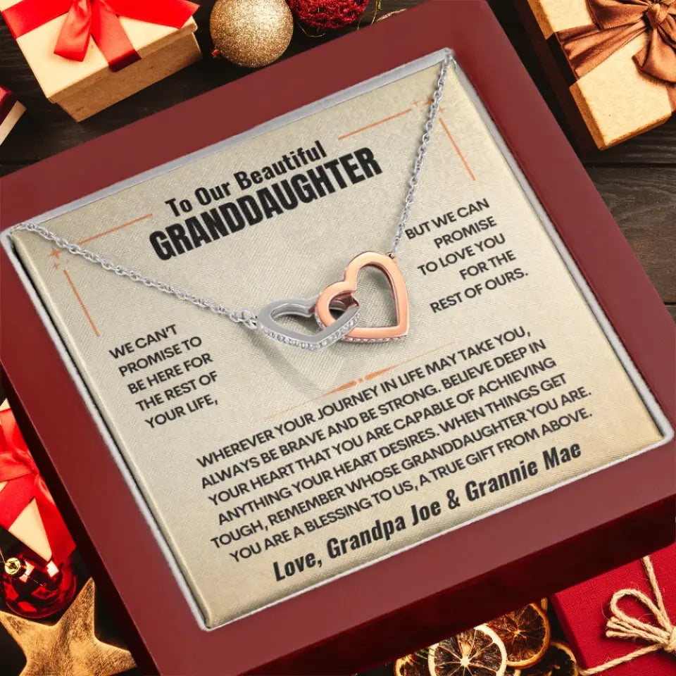 Grandparent to Granddaughter - Intertwined Hearts Keepsake Necklace Gift Set - Custom Greeting and Sign-Off
