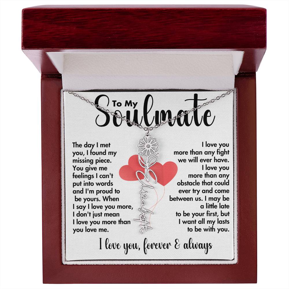 To My Soulmate | Birth Flower Name Necklace | Black on White