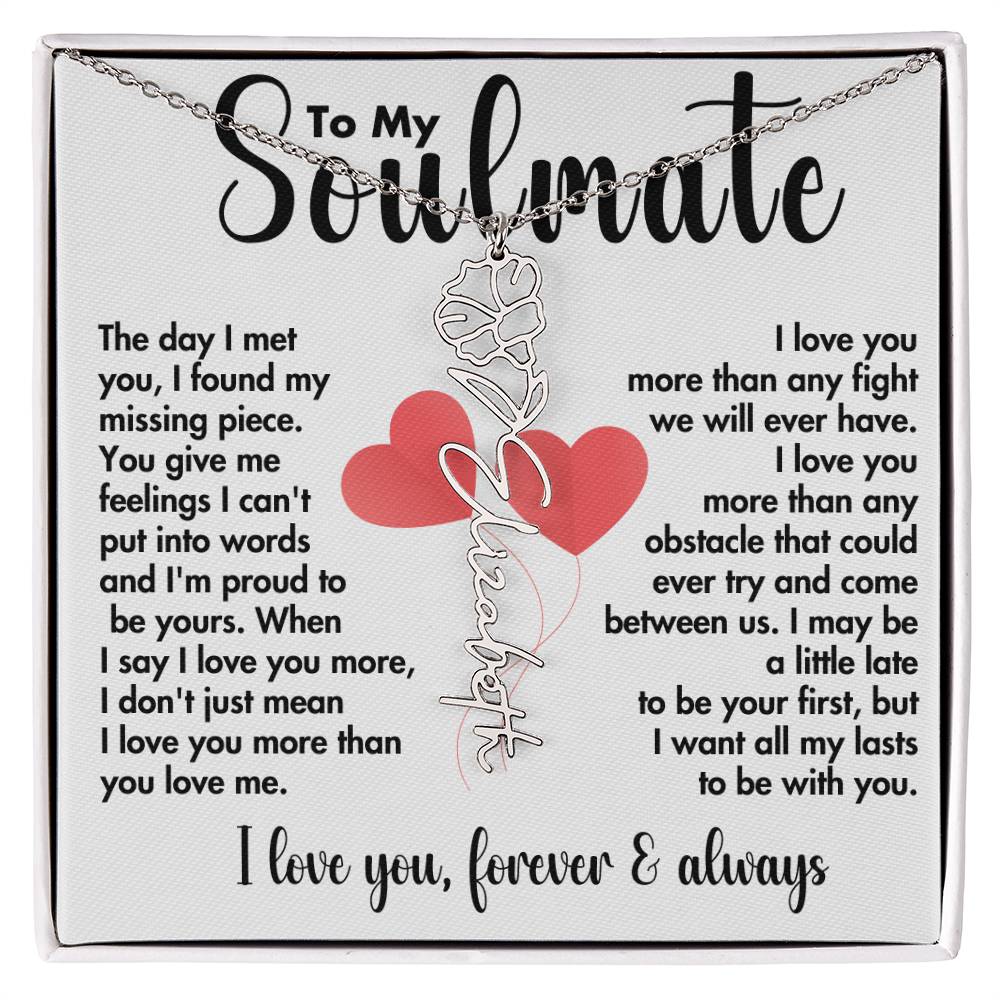 To My Soulmate | Birth Flower Name Necklace | Black on White