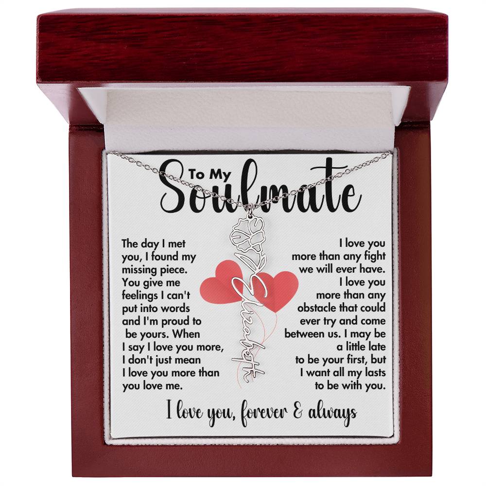 To My Soulmate | Birth Flower Name Necklace | Black on White