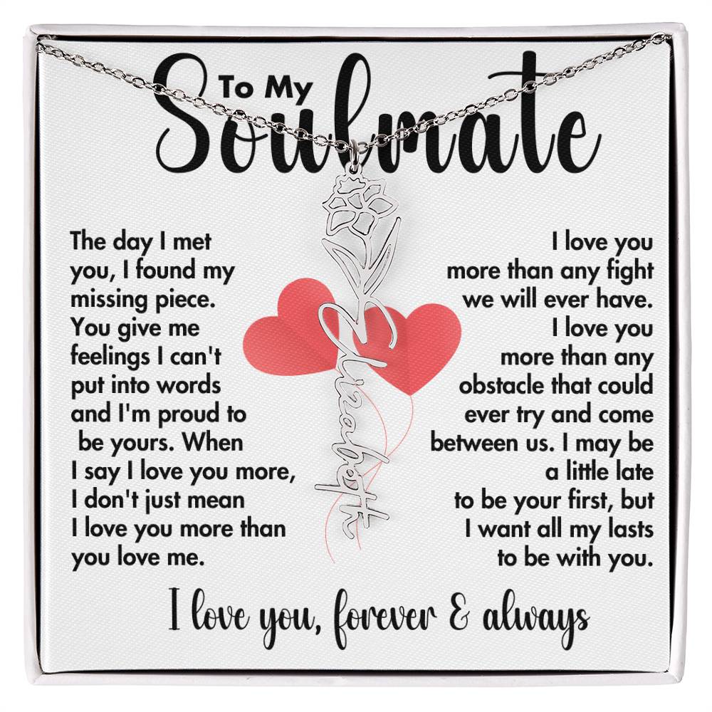 To My Soulmate | Birth Flower Name Necklace | Black on White