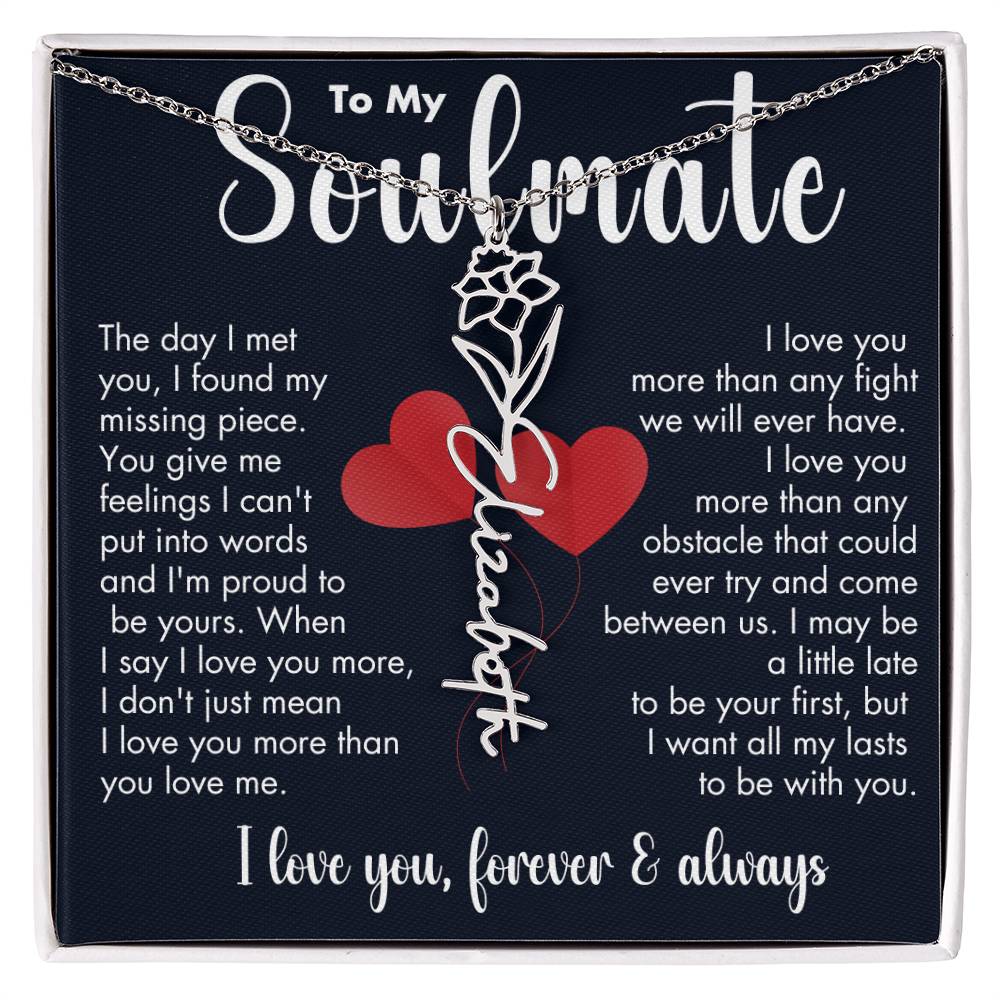 To My Soulmate | Birth Flower Necklace | White on Black