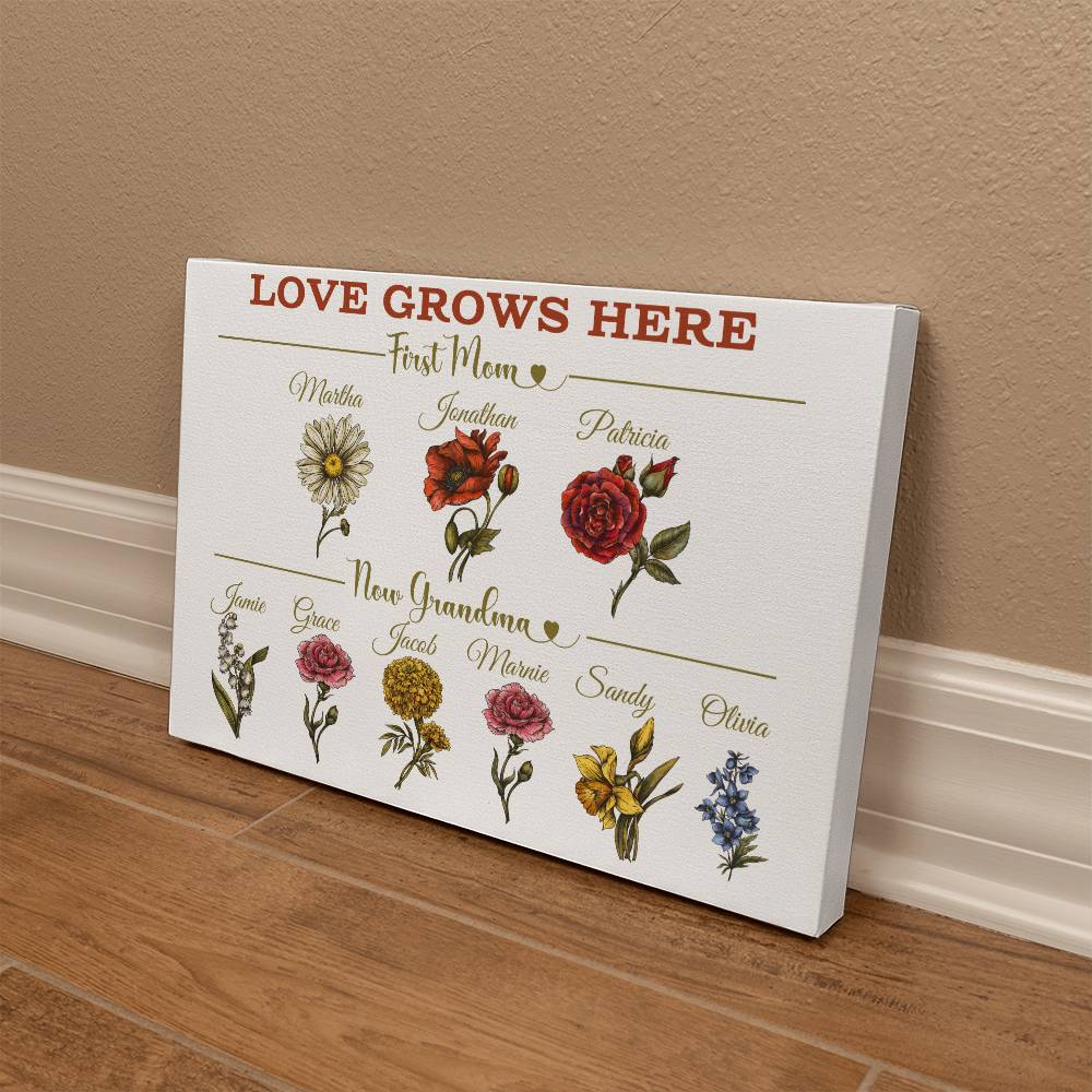 Personalized First Mom, Now Grandma wrapped gallery canvas, Birth Month Flowers Gift For Grandma, Christmas Gift, Nana Gifts, Mothers Day Gift