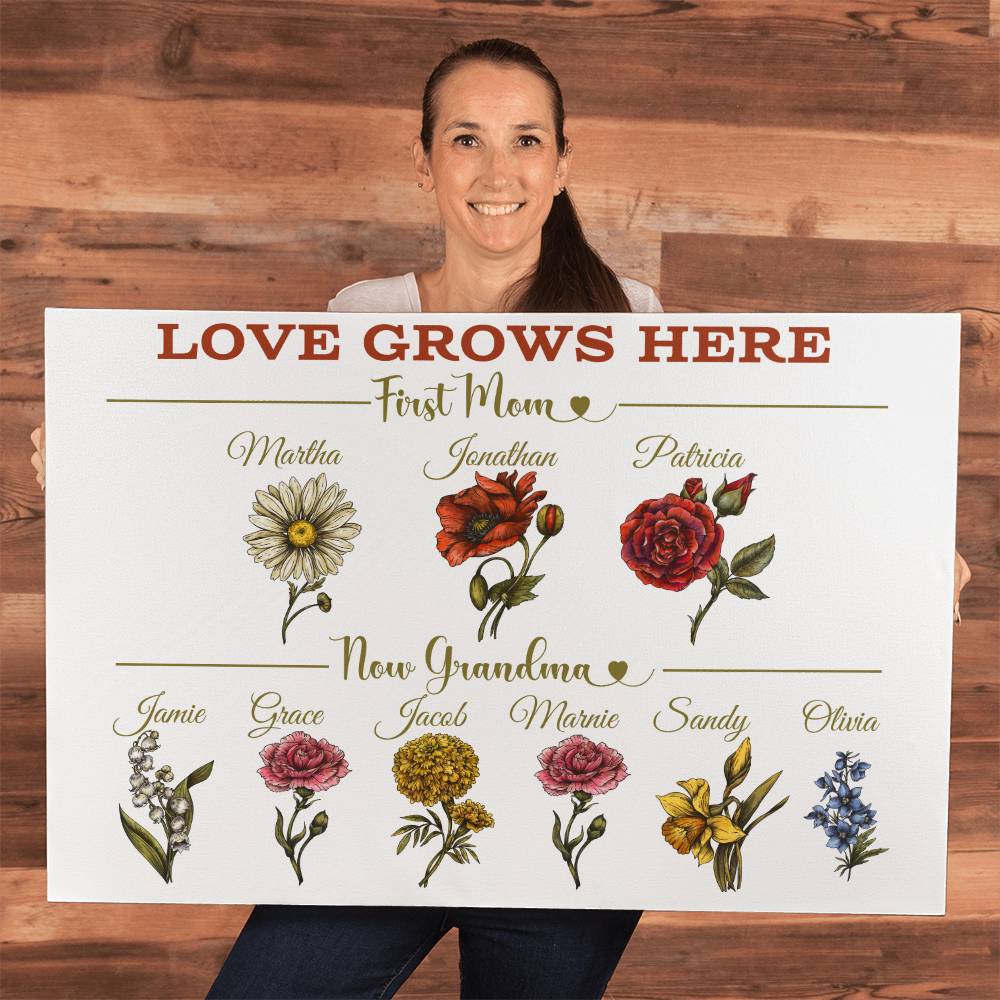 Personalized First Mom, Now Grandma wrapped gallery canvas, Birth Month Flowers Gift For Grandma, Christmas Gift, Nana Gifts, Mothers Day Gift