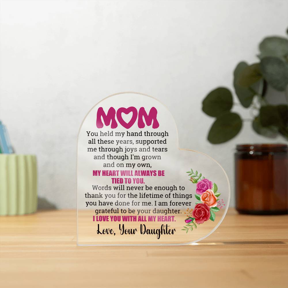 Heartfelt Embrace Heart-Shaped Acrylic Plaque for Mom from Daughter. Mothers Day. Mother Gift