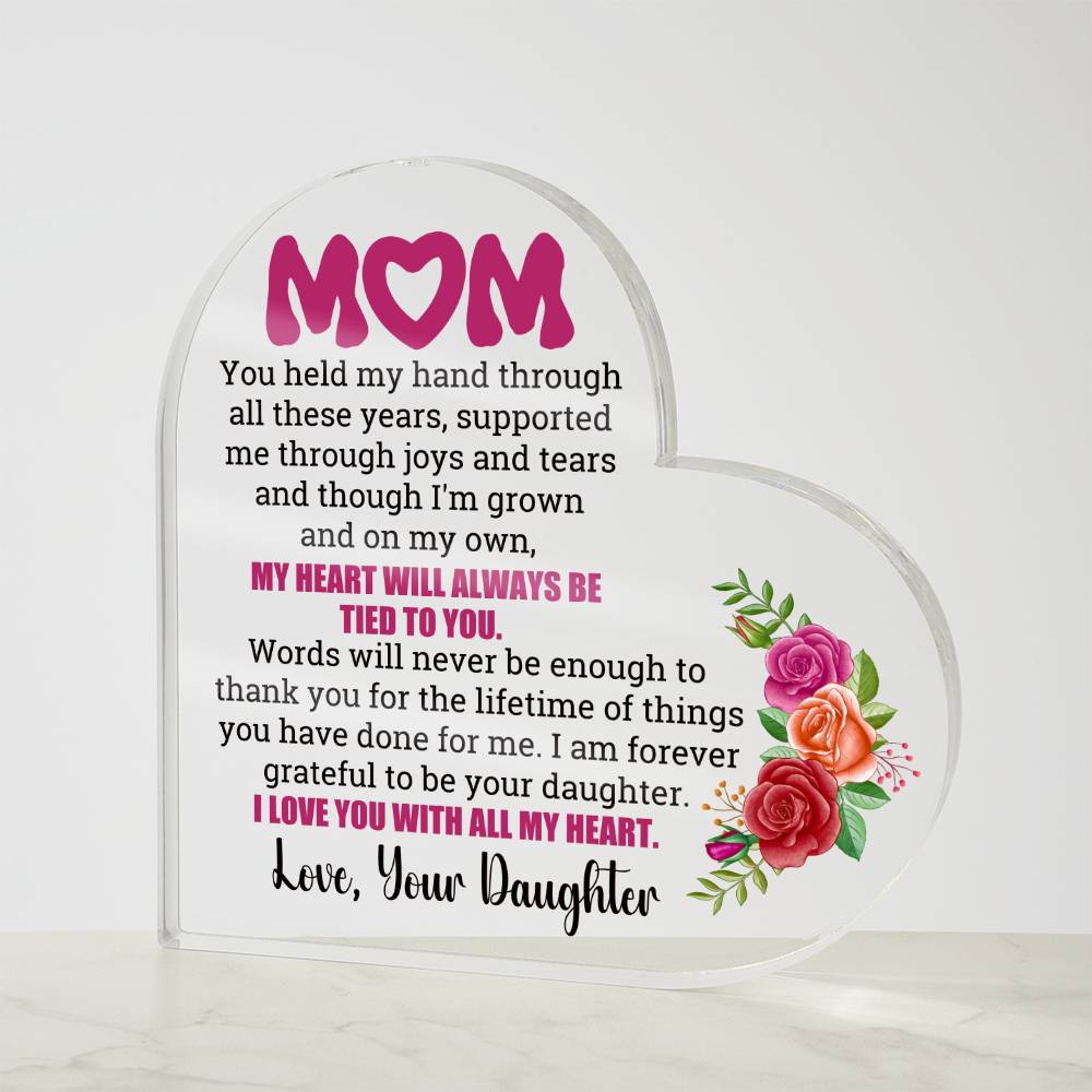 Heartfelt Embrace Heart-Shaped Acrylic Plaque for Mom from Daughter. Mothers Day. Mother Gift