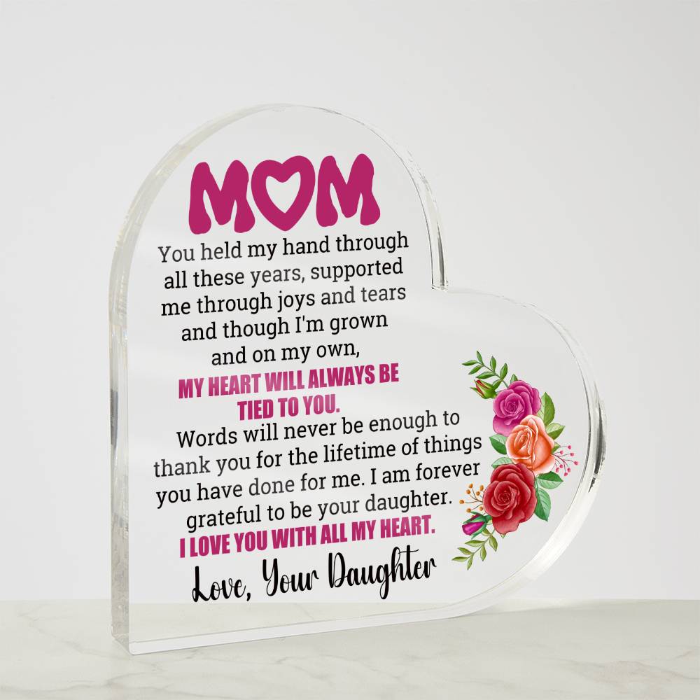 Heartfelt Embrace Heart-Shaped Acrylic Plaque for Mom from Daughter. Mothers Day. Mother Gift