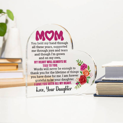 Heartfelt Embrace Heart-Shaped Acrylic Plaque for Mom from Daughter. Mothers Day. Mother Gift