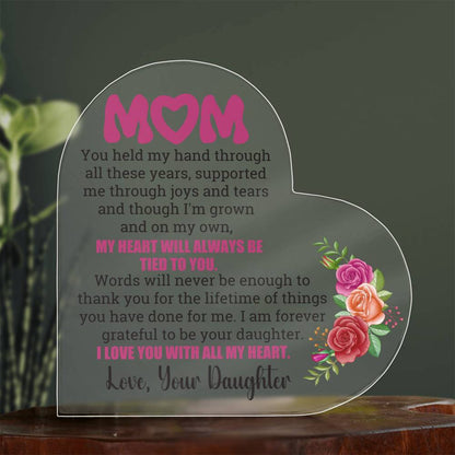 Heartfelt Embrace Heart-Shaped Acrylic Plaque for Mom from Daughter. Mothers Day. Mother Gift