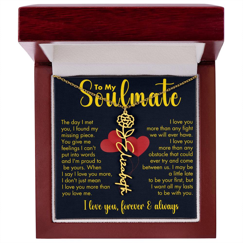 To My Soulmate | Birth Flower Name Necklace | Gold on Black