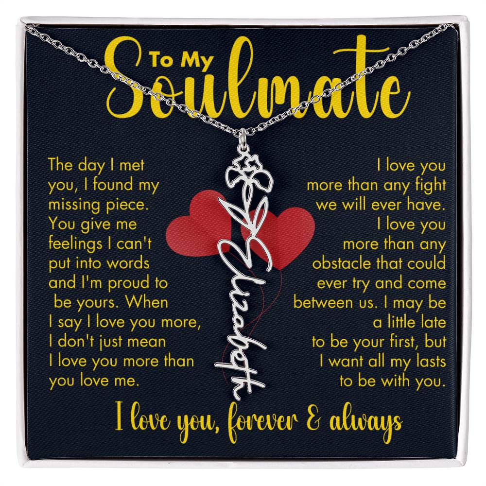 To My Soulmate | Birth Flower Name Necklace | Gold on Black