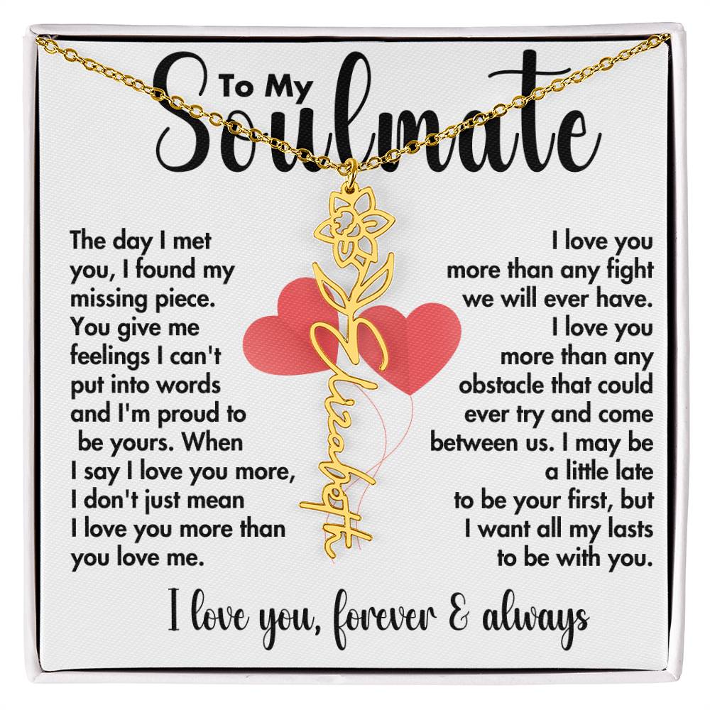 To My Soulmate | Birth Flower Name Necklace | Black on White