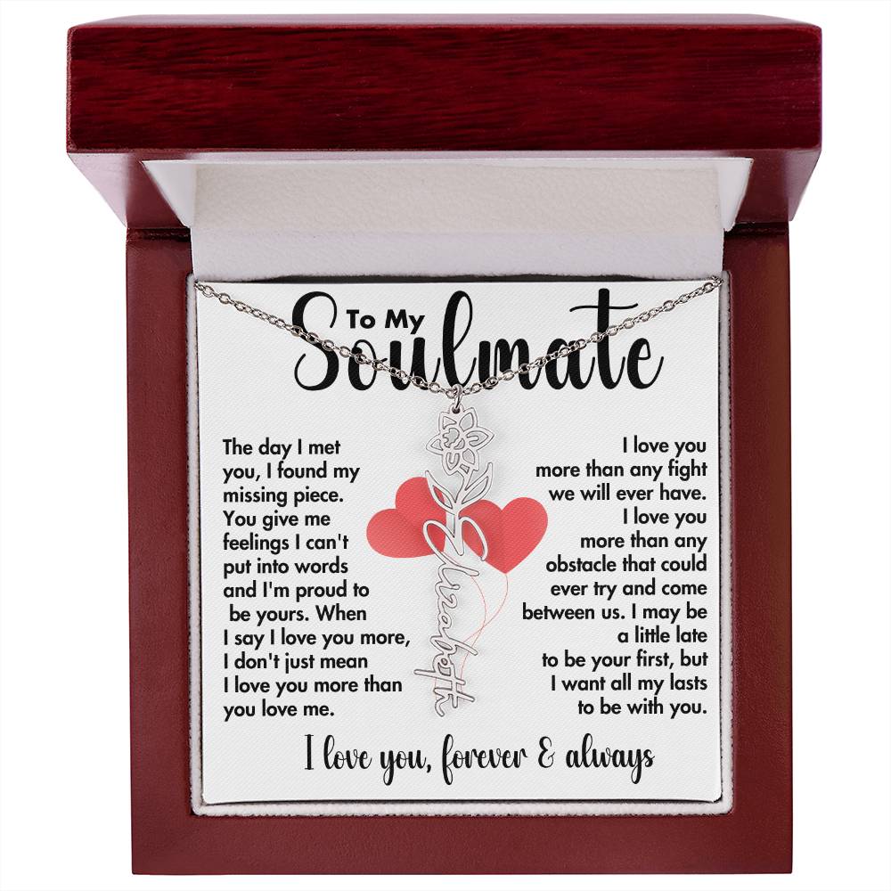 To My Soulmate | Birth Flower Name Necklace | Black on White