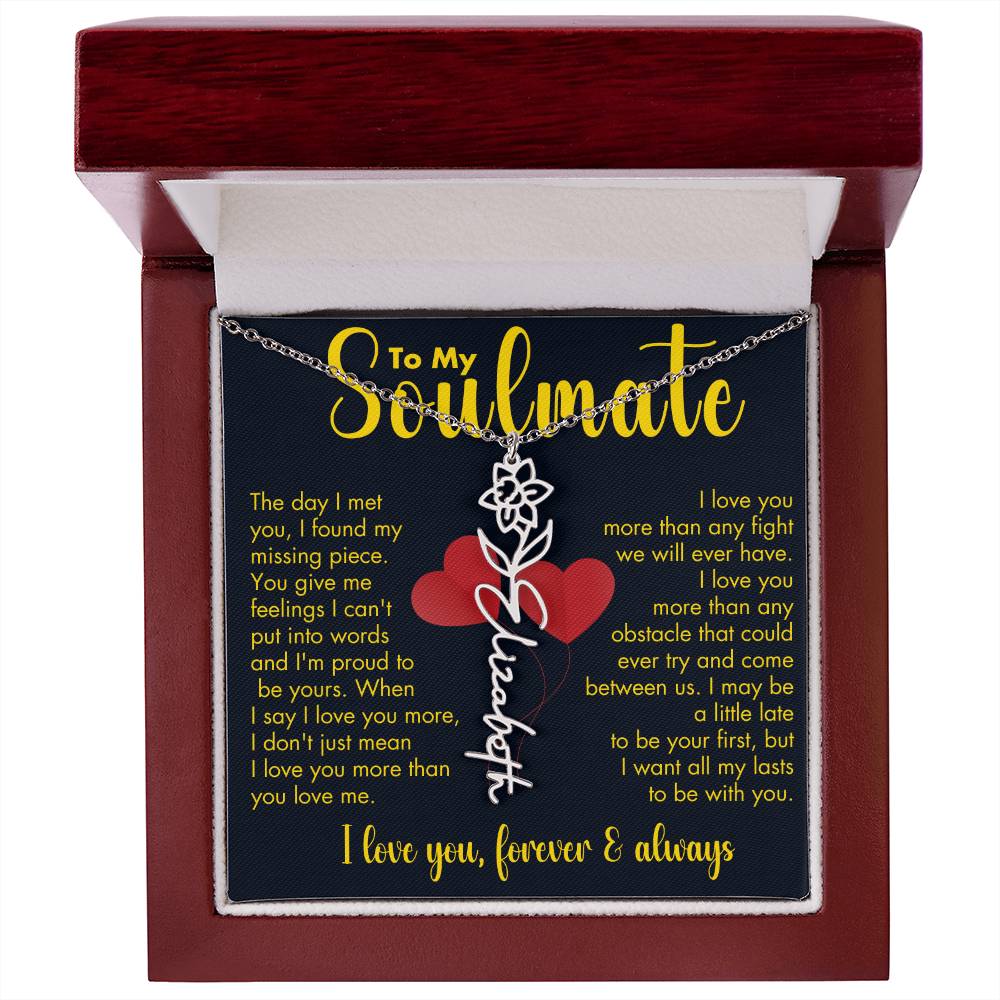 To My Soulmate | Birth Flower Name Necklace | Gold on Black