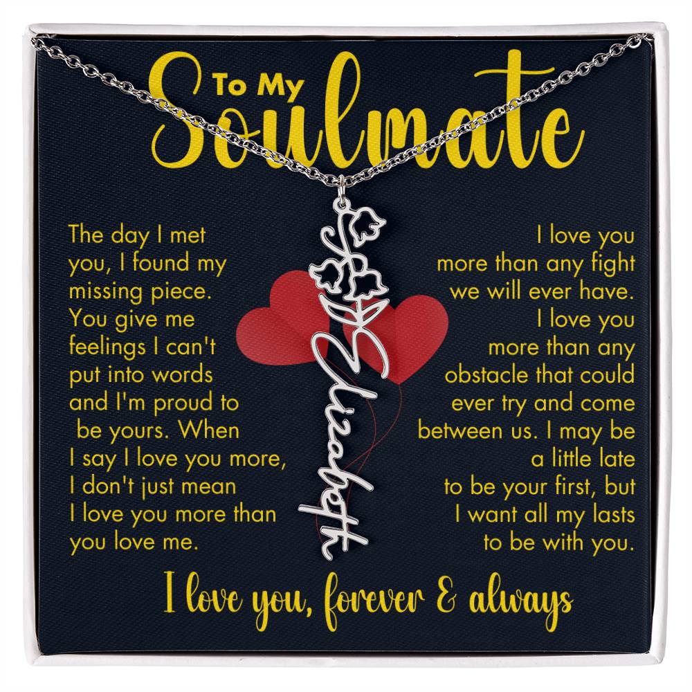 To My Soulmate | Birth Flower Name Necklace | Gold on Black