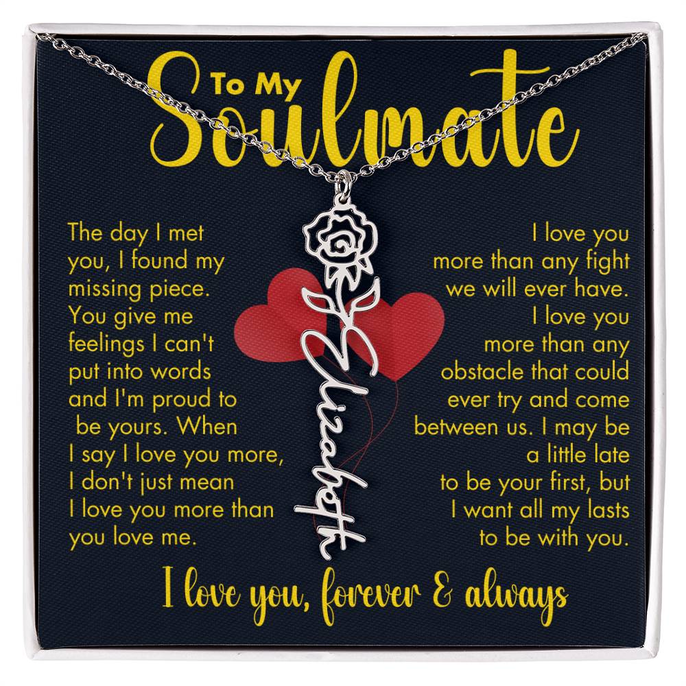 To My Soulmate | Birth Flower Name Necklace | Gold on Black