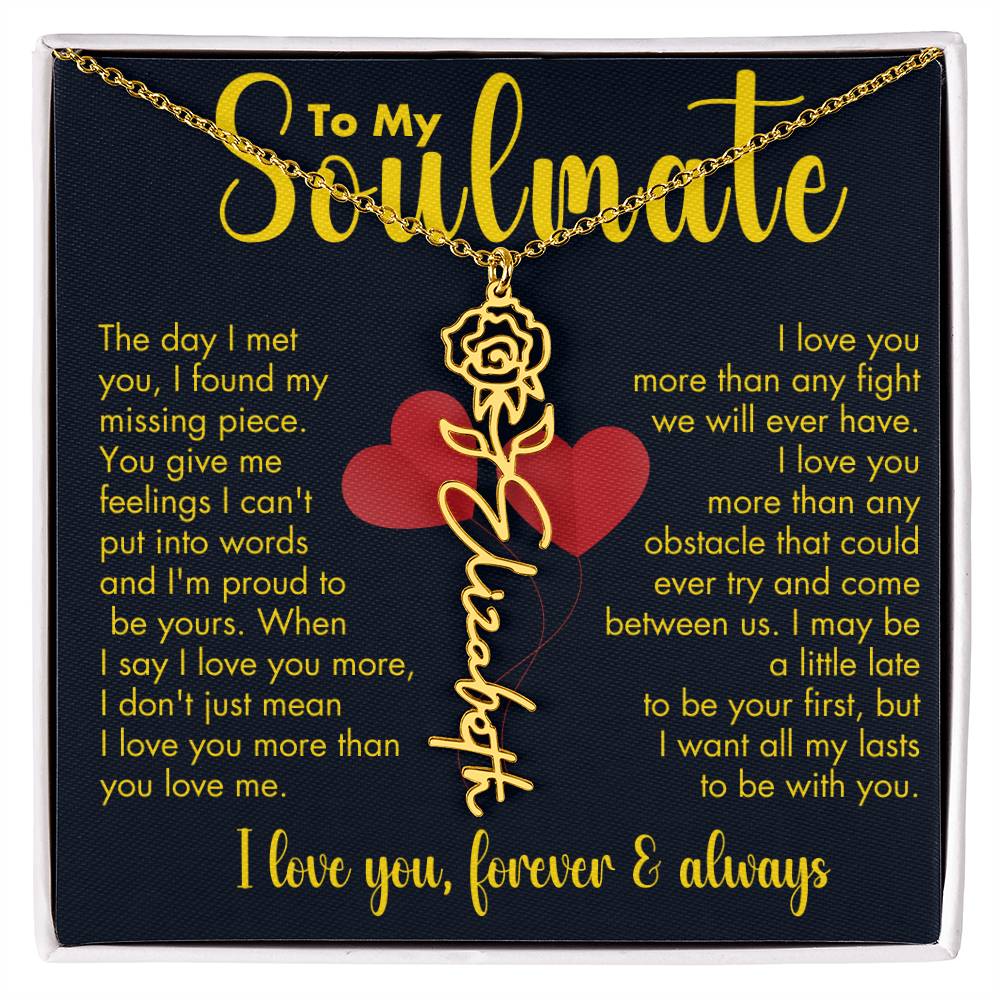 To My Soulmate | Birth Flower Name Necklace | Gold on Black