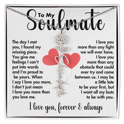 To My Soulmate | Birth Flower Name Necklace | Black on White