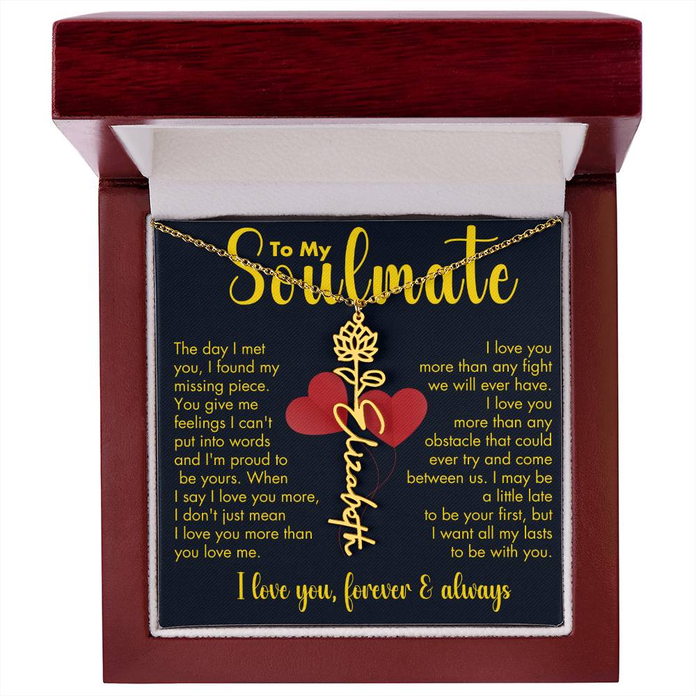 To My Soulmate | Birth Flower Name Necklace | Gold on Black