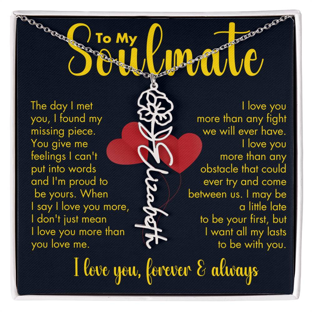 To My Soulmate | Birth Flower Name Necklace | Gold on Black