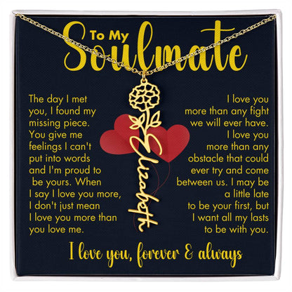 To My Soulmate | Birth Flower Name Necklace | Gold on Black