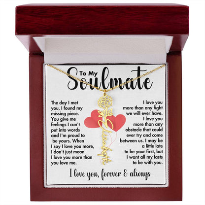 To My Soulmate | Birth Flower Name Necklace | Black on White