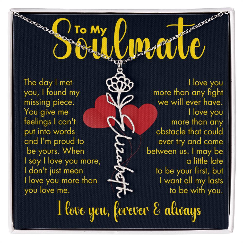 To My Soulmate | Birth Flower Name Necklace | Gold on Black