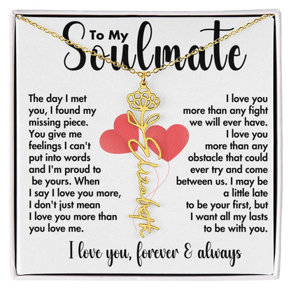 To My Soulmate | Birth Flower Name Necklace | Black on White