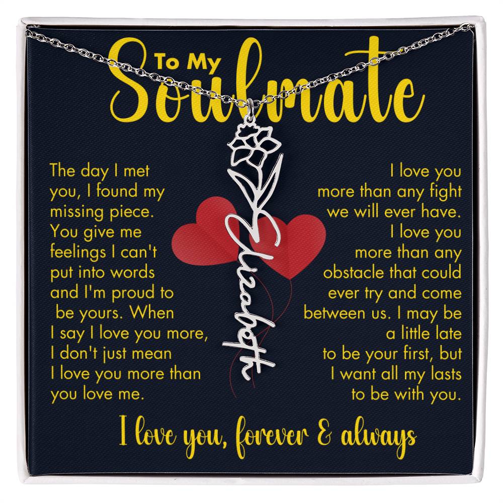 To My Soulmate | Birth Flower Name Necklace | Gold on Black