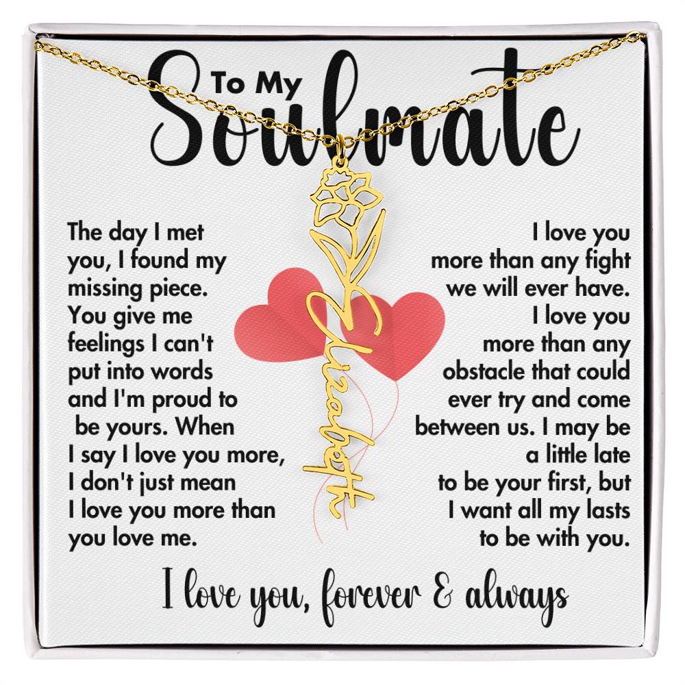 To My Soulmate | Birth Flower Name Necklace | Black on White