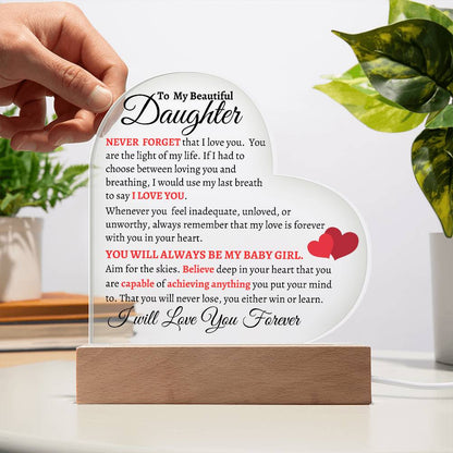 To My Beautiful Daughter | Acrylic Heart Plaque with Red Highlights