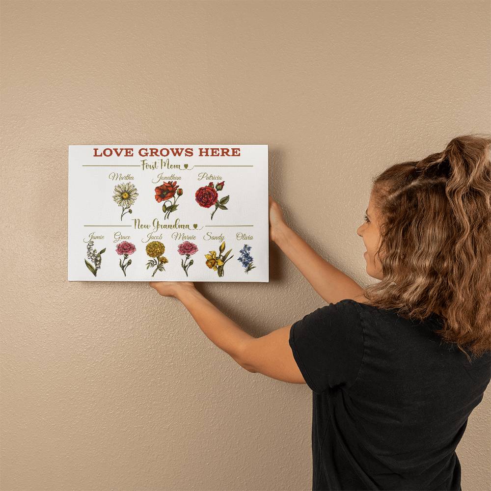 Personalized First Mom, Now Grandma wrapped gallery canvas, Birth Month Flowers Gift For Grandma, Christmas Gift, Nana Gifts, Mothers Day Gift