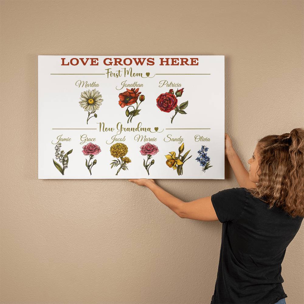 Personalized First Mom, Now Grandma wrapped gallery canvas, Birth Month Flowers Gift For Grandma, Christmas Gift, Nana Gifts, Mothers Day Gift