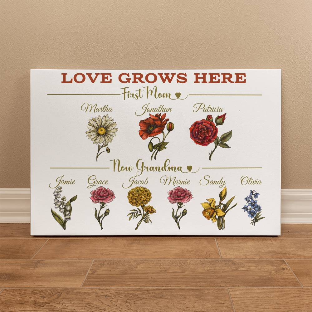 Personalized First Mom, Now Grandma wrapped gallery canvas, Birth Month Flowers Gift For Grandma, Christmas Gift, Nana Gifts, Mothers Day Gift