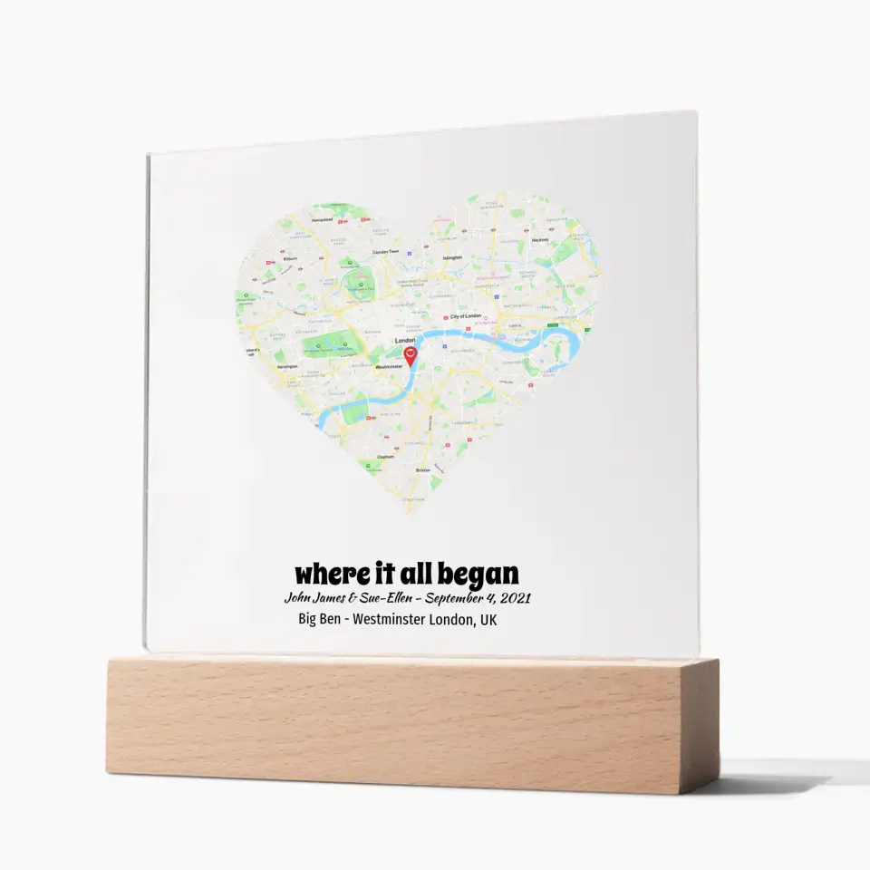 Acrylic - Personalized "Heart" Map - Where It All Began