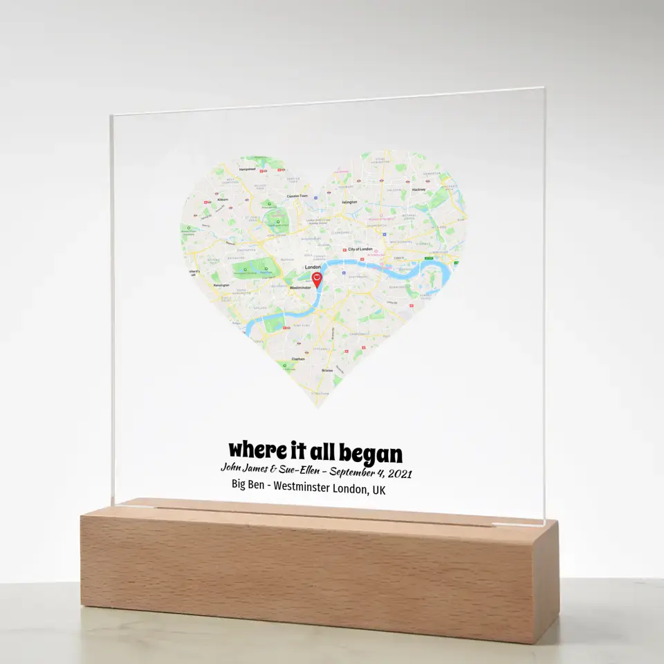 Acrylic - Personalized "Heart" Map - Where It All Began