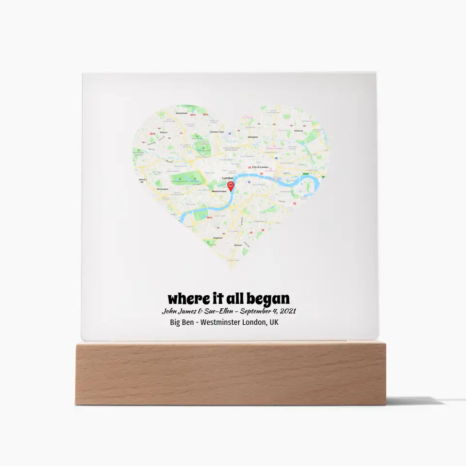 Acrylic - Personalized "Heart" Map - Where It All Began